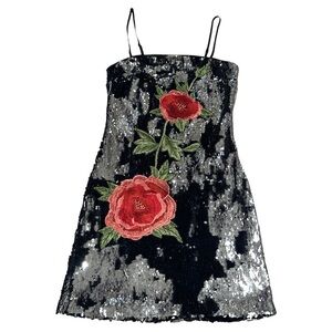Forever 21 Black Sequin Dress with Red Rose Details